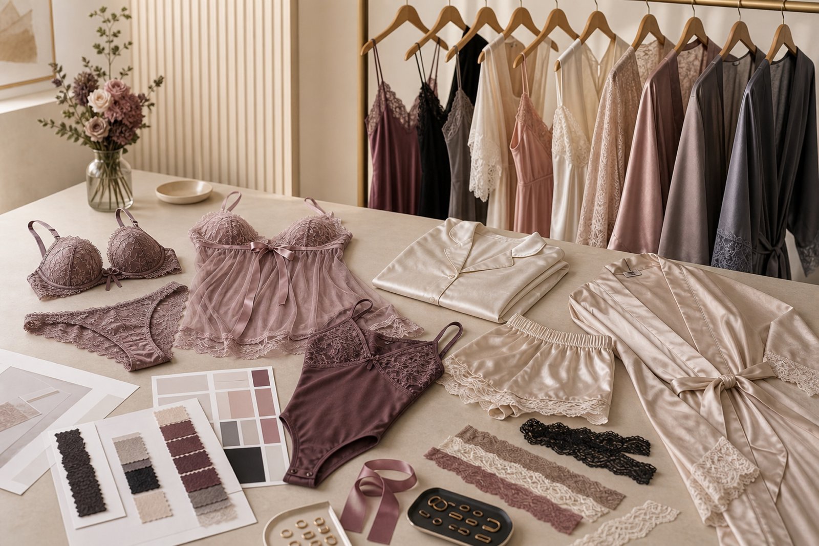 Private label lingerie and sleepwear collection planning with product samples and fabric swatches