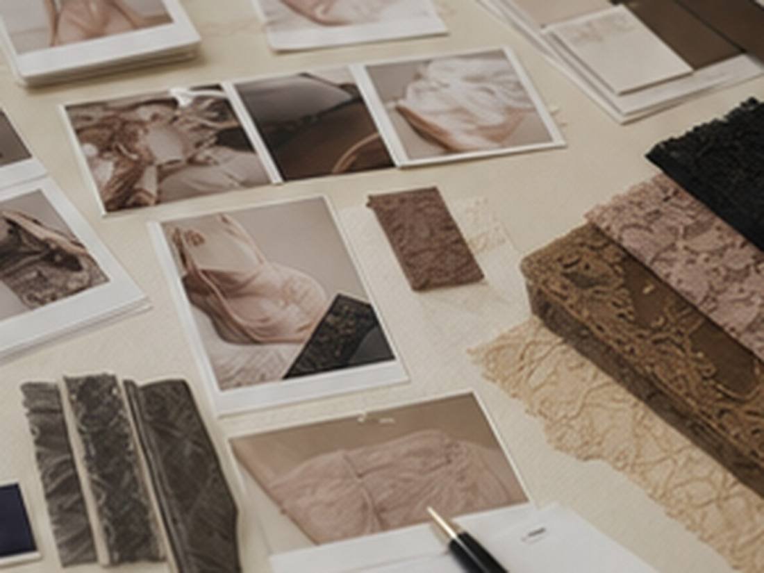 RFQ planning desk with fabric references sketches and buyer notes