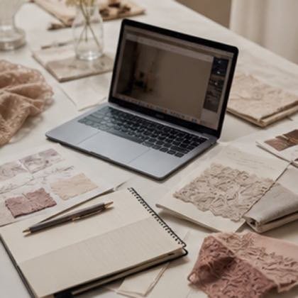 RFQ planning desk with fabric references product notes and sample development information