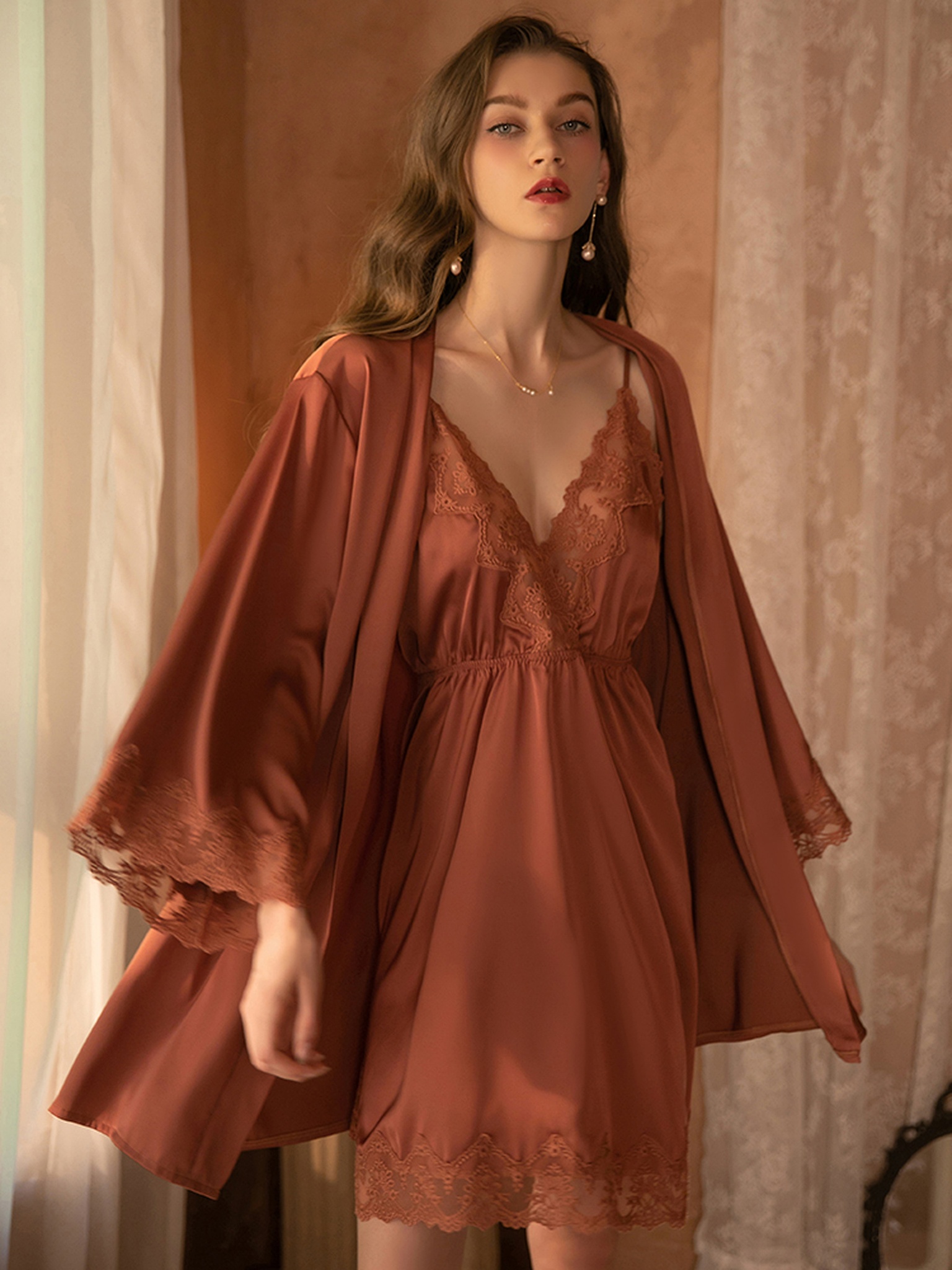 Satin Deep-V Cami & T-Pants Sleep Set with Robe — Primary view