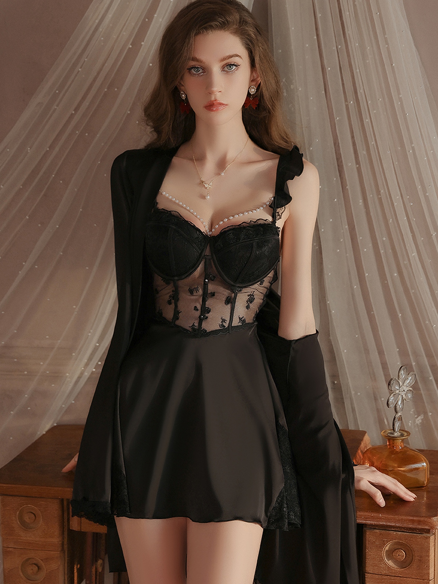 Satin Deep-V Cami Sleep Set with Robe — Primary view