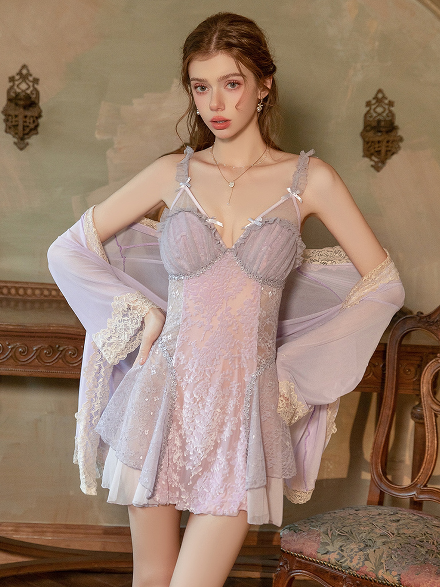 Sheer Lace Open-Back Cami Sleep Set with Robe — Primary view