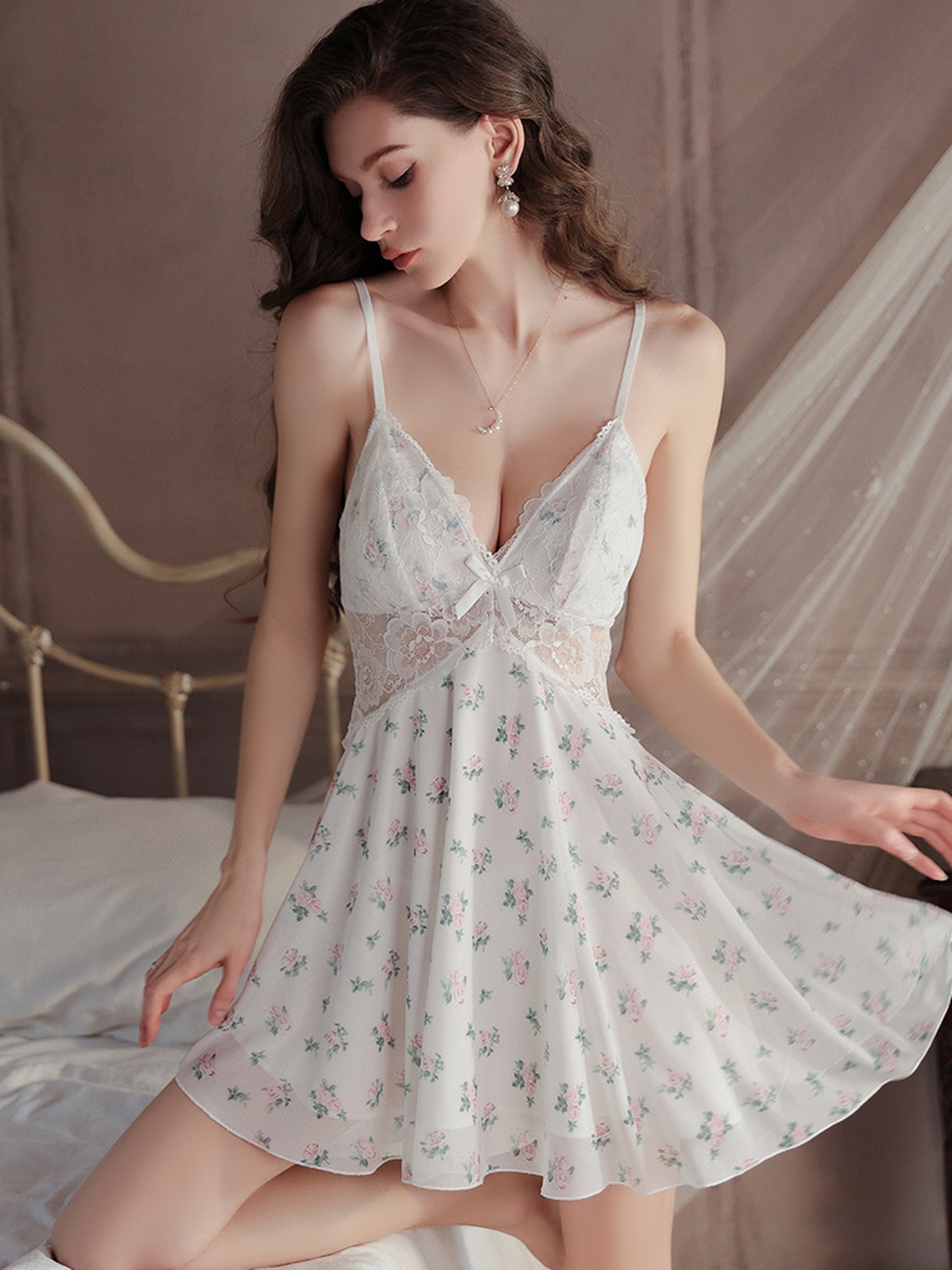 Sheer Lace Deep-V Cami & T-Pants Sleep Set — Primary view