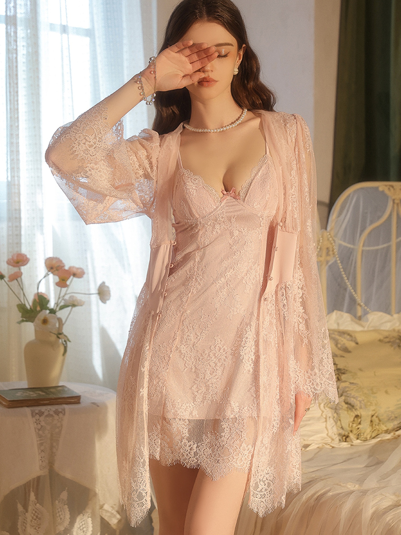 Sheer Lace Deep-V Cami Sleep Set with Robe — Primary view